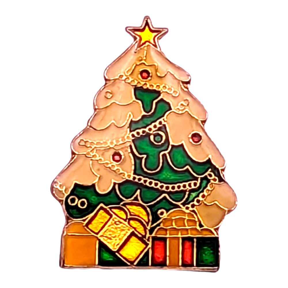 Christmas Tree With Presents Snow Enamel Vintage Cloisonné Hat Lapel Pin Brooch